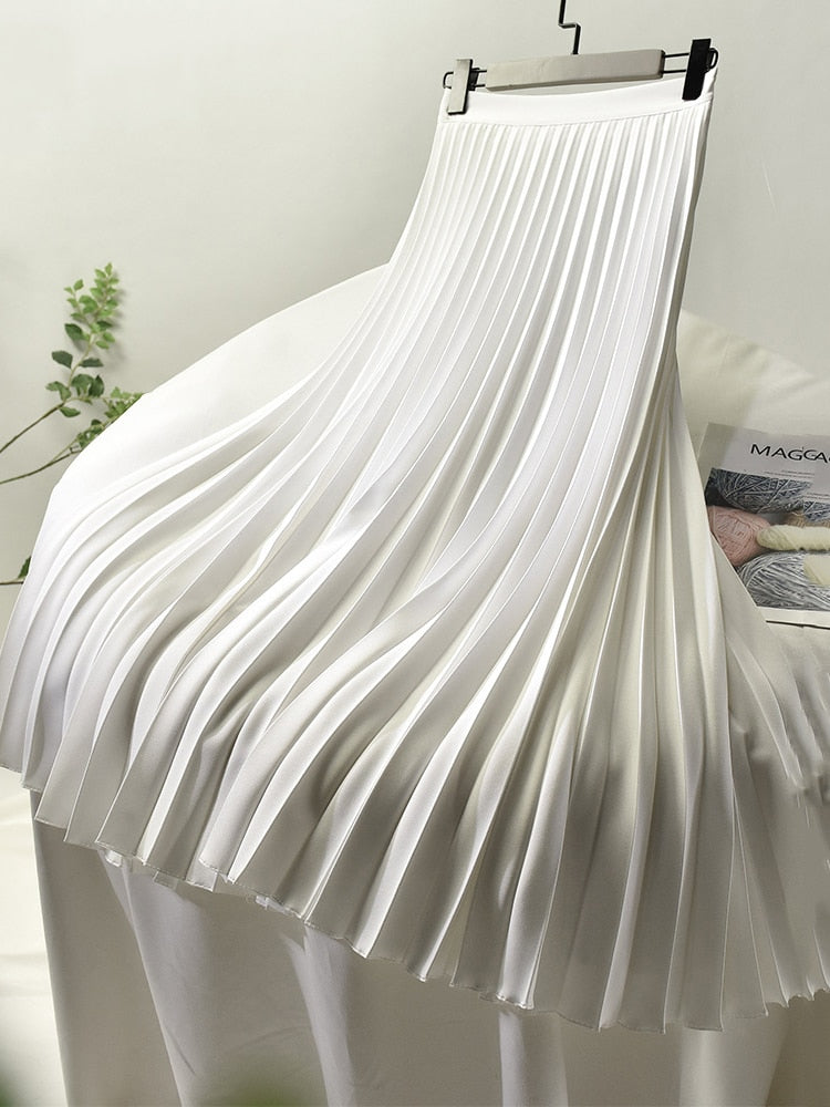 sixsr Brand Designer Women Spring Autumn Elegant Chic Solid Pleated Skirt High Waist Luxury Fashion With Elastic Female C-035