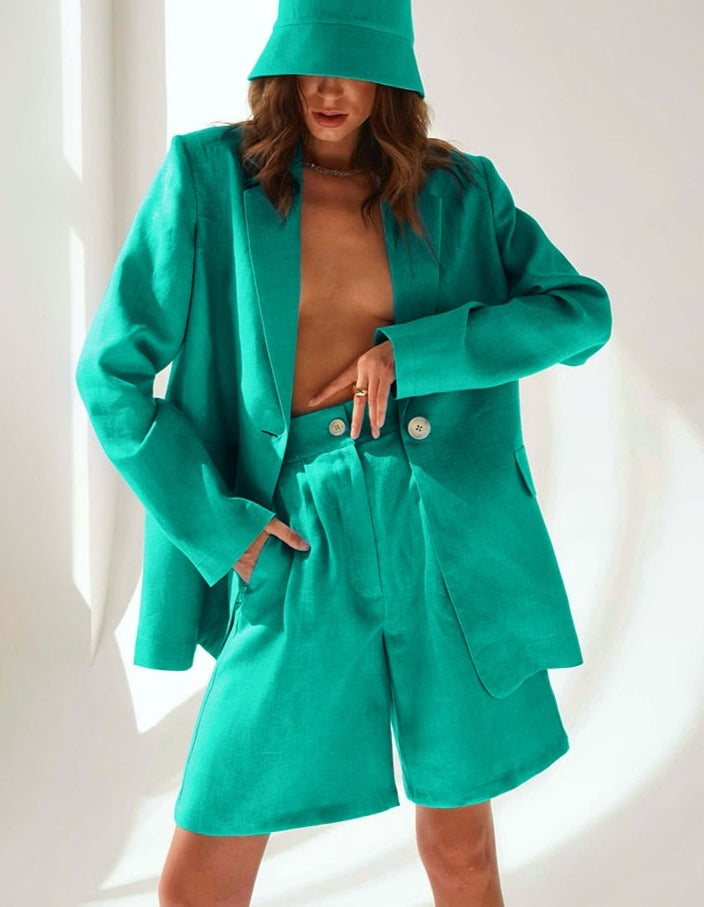 sixsr Fashion Trends Office Cotton Linen Outfit Spring Autumn Notched Loose Long Sleeve Blazer Fashion Lady Women Suits High Waist Shorts Sets