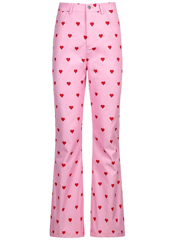 Sixsr  Fashion Trends Y2K Pink Pants Heart Printed Sweet Trousers Vintage Aesthetic Party Pants Pockets Joggers Festival Outfits Women New