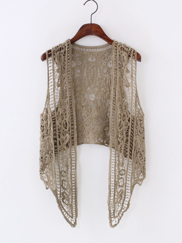 sixsr Asymmetric Open Stitch Cardigan Summer Beach Boho Hippie People Style Crochet Knit Embroidery Blouse sleeveless Vest