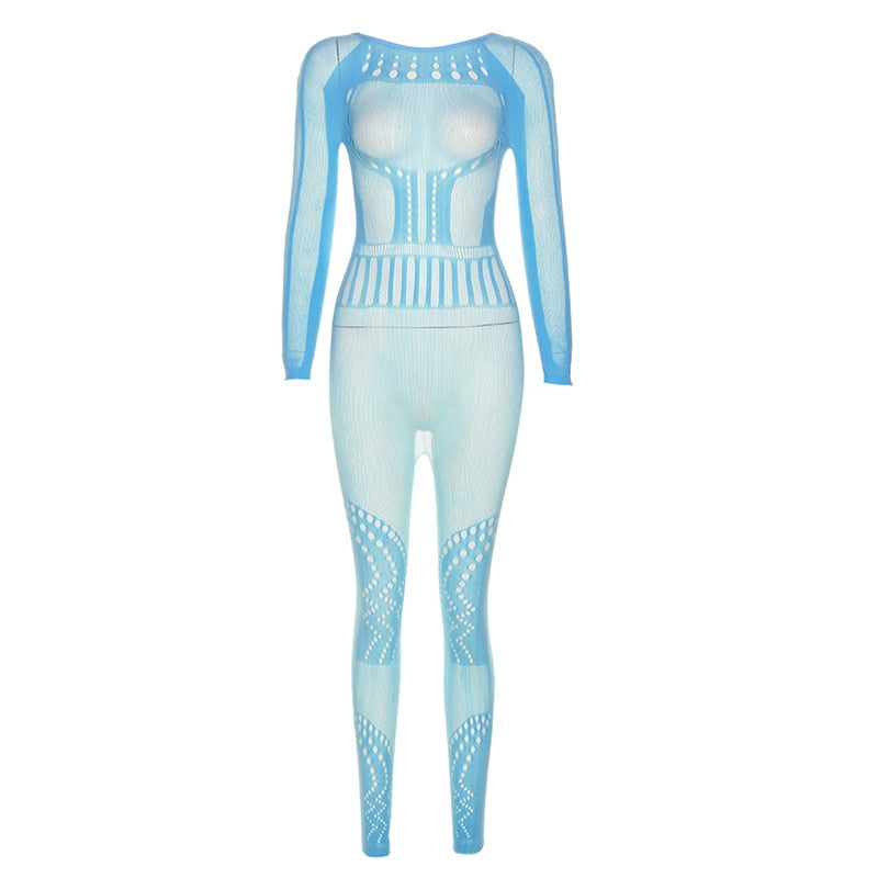 sixsr Hollow Out Knitted Mesh Jumpsuits Women Sexy See Through Long Sleeve Hipster Stretchy Skinny Overalls Clubwear Romper