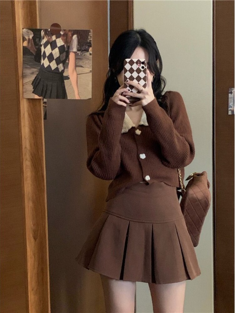 Sixsr Vintage Knitted Suit Women's Spring Korean Style Warm Mini Skirts Trend Chic Elegant Sweater Women's Skirt and Cropped Set