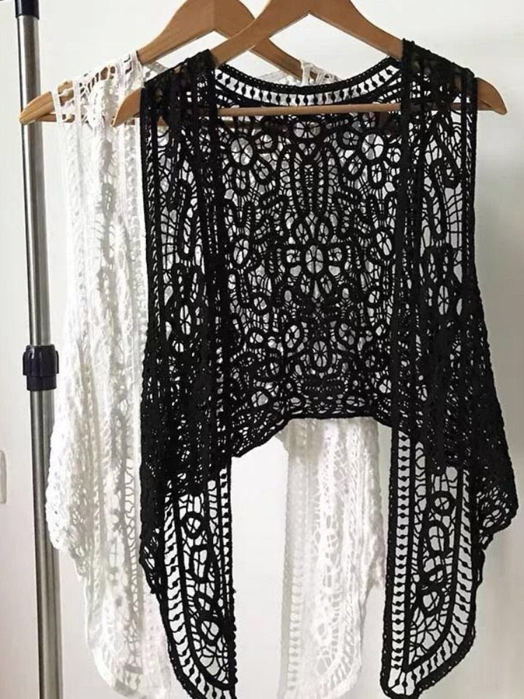 sixsr Asymmetric Open Stitch Cardigan Summer Beach Boho Hippie People Style Crochet Knit Embroidery Blouse sleeveless Vest