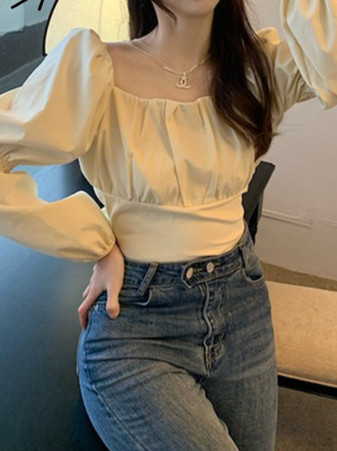 Elegant Blouse Women Spring Summer New French Style Square Collar Puff Sleeve Chic Shirts Ladies Casual Crop Top