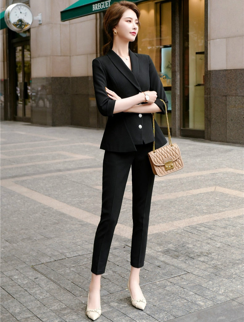 High Quality Casual Women's Suit Pants Two Piece Set New Summer Elegant Ladies White Blazer Jacket Business Attire