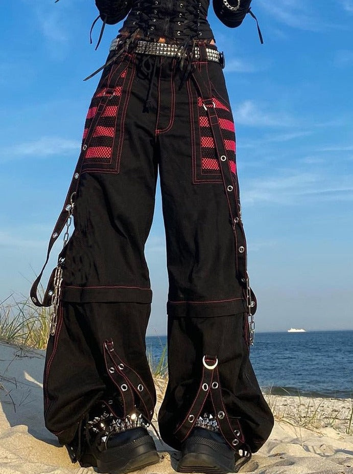 sixsr Fashion Trends Gothic Chain Bandage Wide leg Pants Women Oversize Low Rise Dark Academic Trousers Streetwear 90s Baggy Pant Punk Style