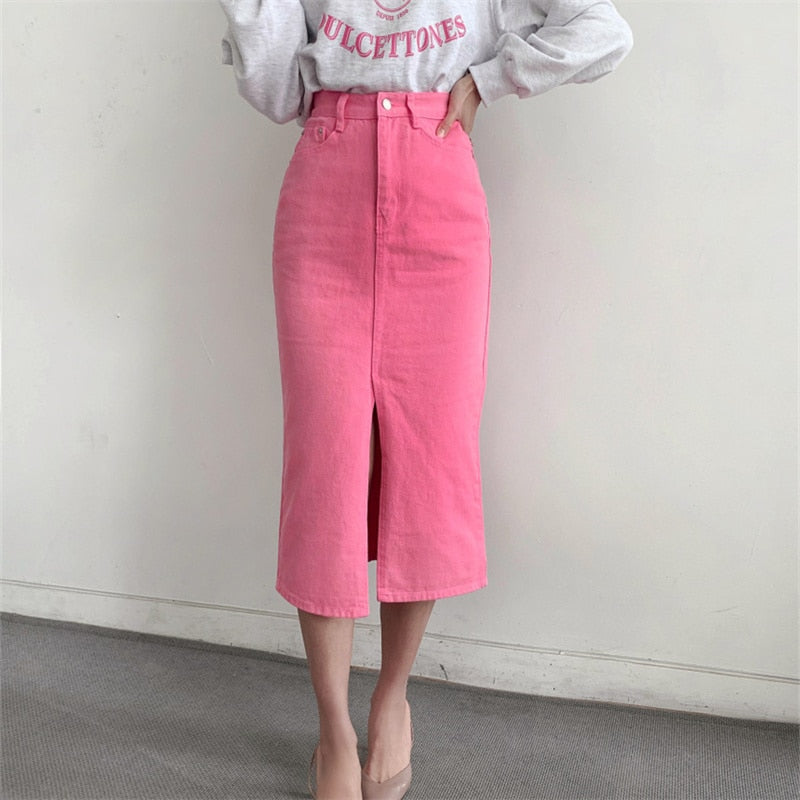 Split Jeans Skirt for Women New High Waisted Slim Korean Fashion Chic Pencil Skirt Vintage Casual Prink Midi Skirt