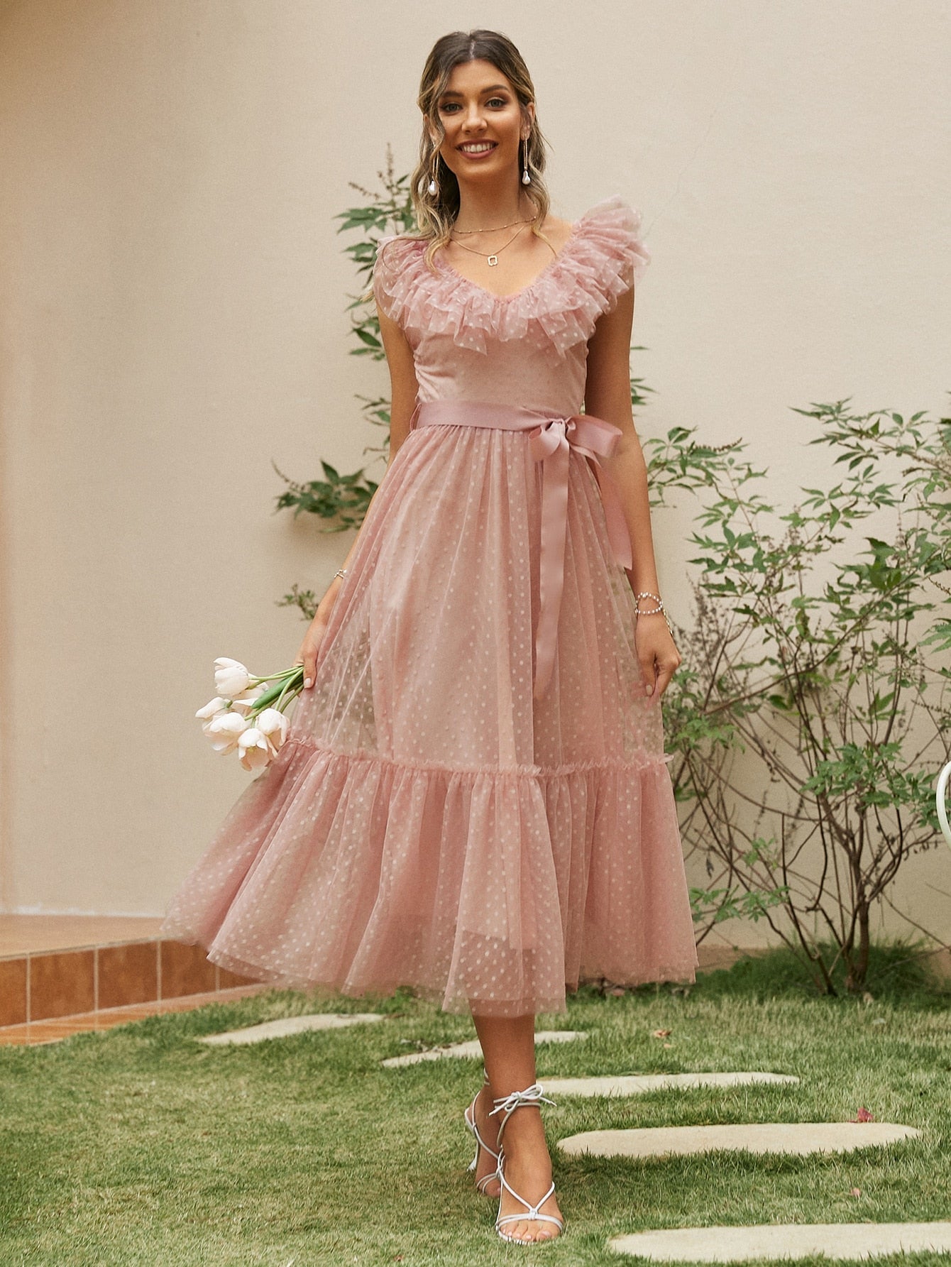 sixsr Fashion Trends V-neck mesh polka dot summer tulle party dress women Backless pink ruffle sleeveless dresses Elegant sash maxi vestido