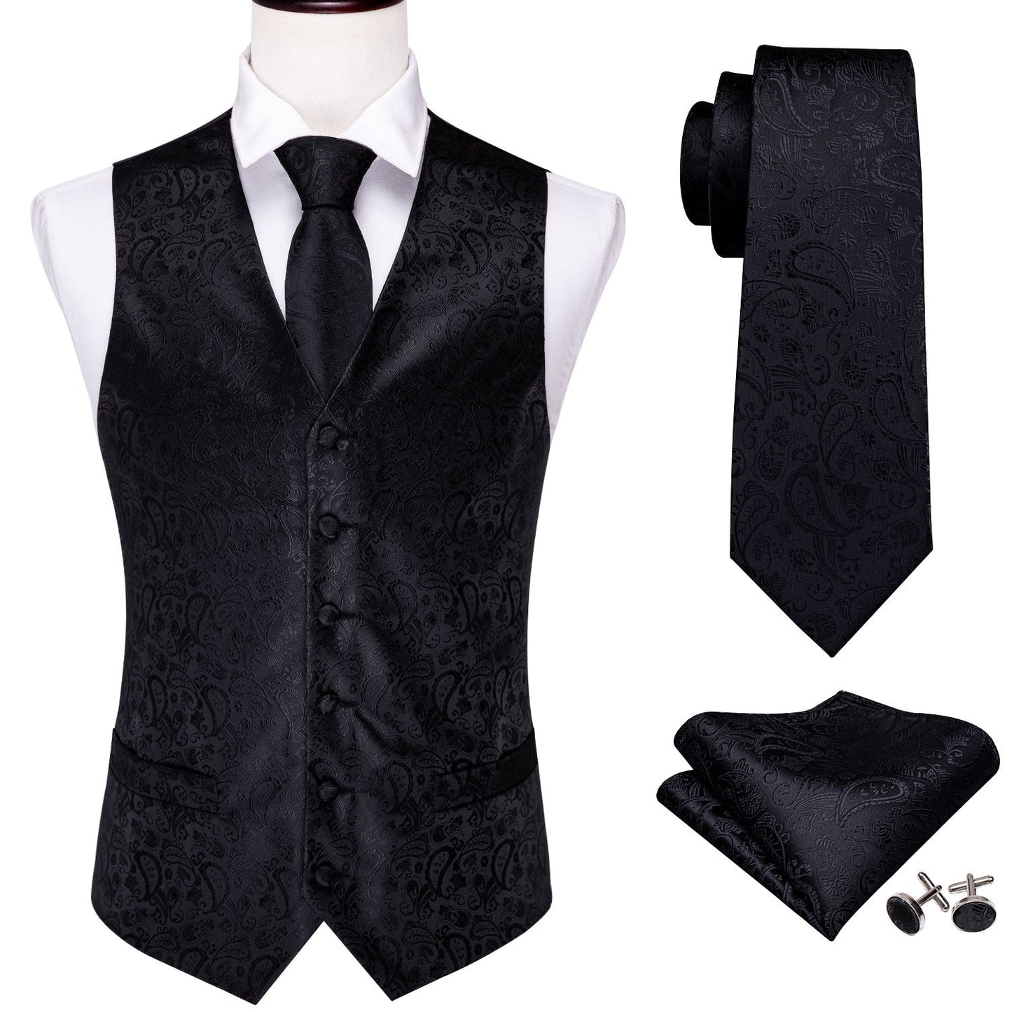 Sixsr 4PC Mens Extra Silk Vest Party Wedding Gold Paisley Solid Floral Waistcoat Vest Pocket Square Tie Suit Set Barry.Wang BM-2017