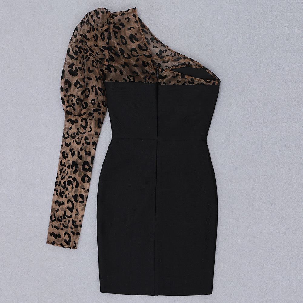 sixsr Sexy One-shoulder Leopard Print Women Dress Patchwork Mesh Backless Bandage Dress Women Summer Slim Party Clubwear