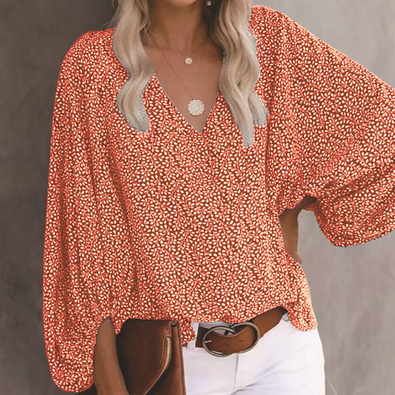 sixsr Summer Outfits Female Streetwear Oversized XXXL Tops Blusa Summer V Neck Long Lantern Sleeve Blouse Casual Women Printing Loose Elegant Shirts