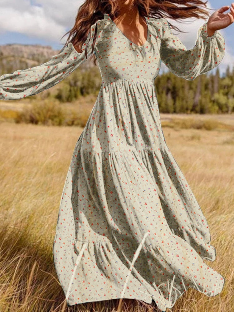 V Neck Long Sleeve Patchwork Solid Color Dress