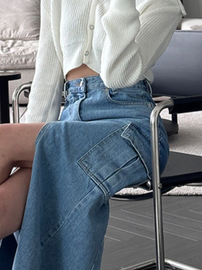 Cargo Jeans Skirt for Women High Waisted Side Pockets Split Fashion Midi Skirt Vintage Casual Streetwear Y2k Skirts