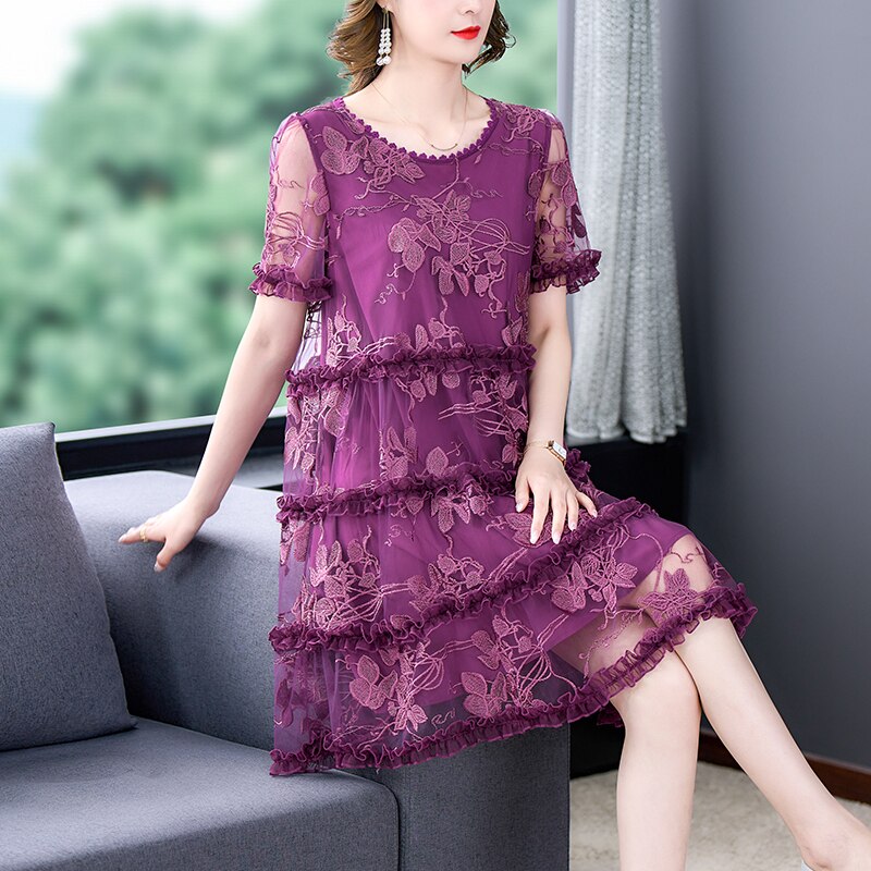 sixsr Embroidered Off-Shoulder Dresses Fairy Chic Gentle Dress Female New Style Sweet Daisy Printed Mesh Long Floral Dress Female