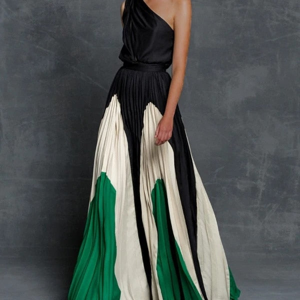 sixsr Summer Black Patchwork Inclined Off One Shoulder Women Dresses Contrast Color High Street Night Club Long Party Dress Clothing