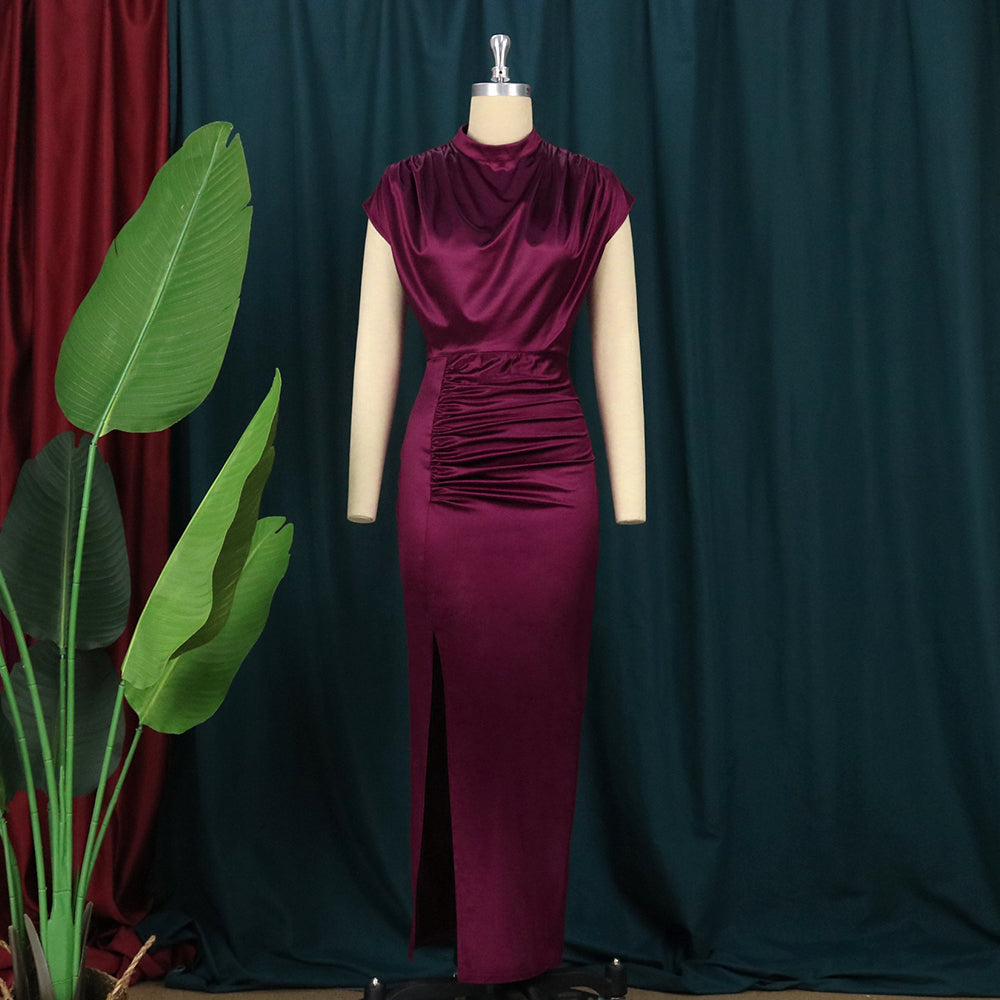 sixsr Women Dress Pleated Long Wine Red Elegant Slit High Collar Slim Fit Sleeveless Maxi Robes Female Shiny Gowns Party  Spring