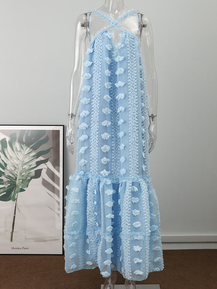 Sixsr Sleeveless Halter Maxi Summer Dress For Women Fashion Ruffle Beach Long Robe Elegant Slip Holiday Hollow Out Sundress