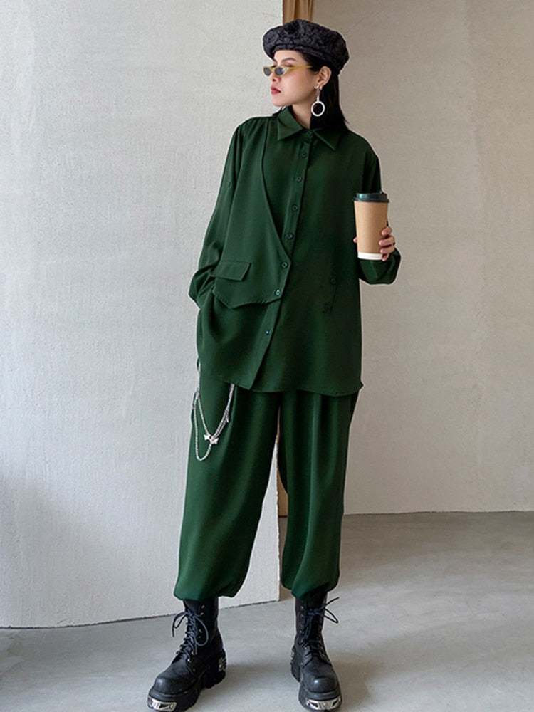 sixsr Wide Leg Pants Irregular Big Size Two Piece Suit New Lapel Long Sleeve Loose Fit Women Fashion Spring Autumn