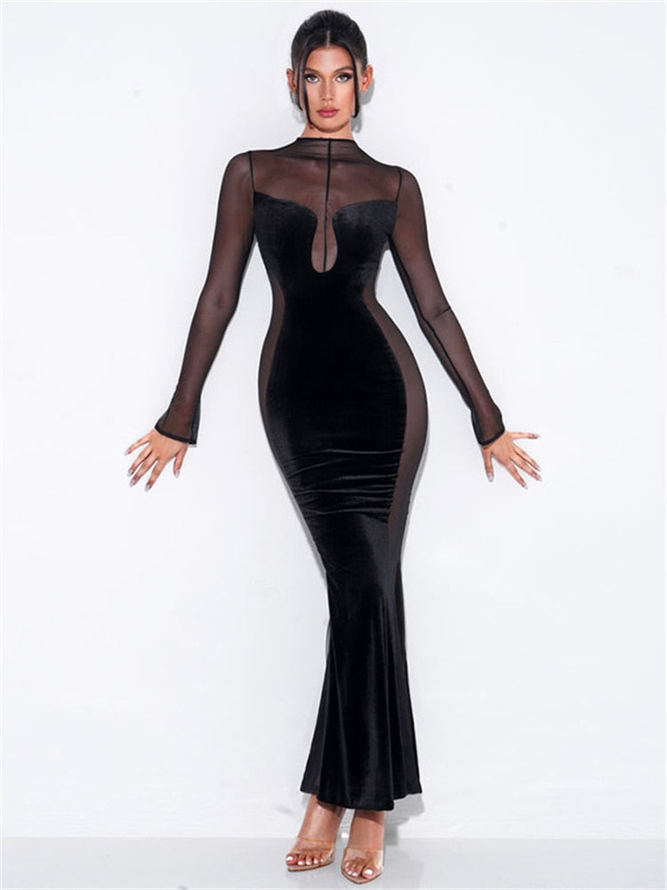 sixsr Womens Fall Fashion Mesh Patchwork O Neck Long Sleeve Maxi Dress Women Autumn Winter Elegant Sexy See Through Party Dresses Club Outfits