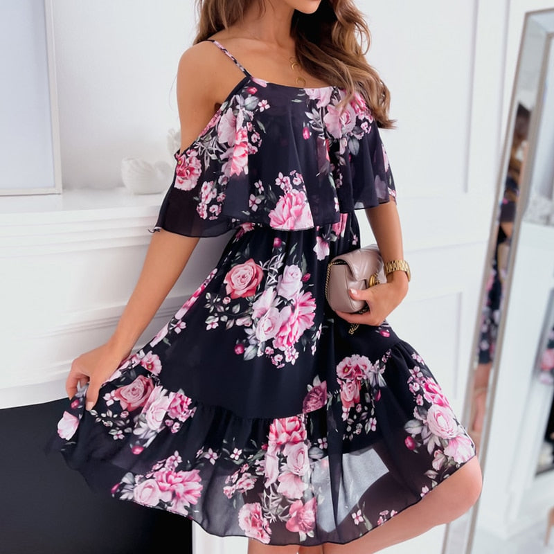 Sixsr New Fashion Sexy Spaghetti Strap Woman Dress Summer Floral Print Off Shoulder Sundress Elegant Chiffon A-Line Beach Boho Dresses Vestidos