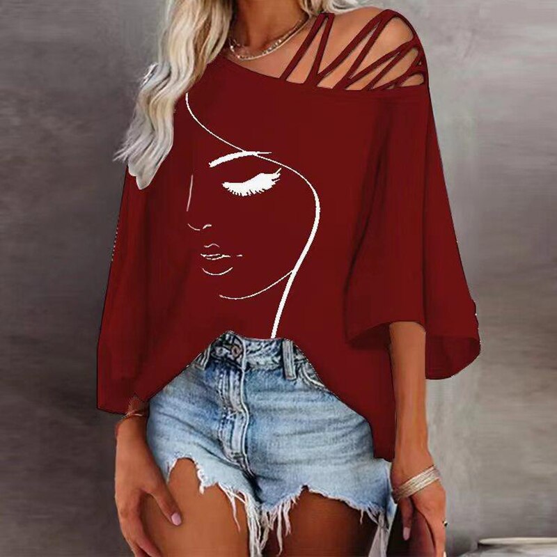 Retro Abstract Print Women Tee Shirts Spring Skew Collar Bandage Hollow Top Pullover Autumn Half Sleeve Office Lady T-shirt