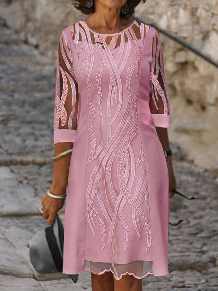 sixsr Fashion Trends Embroidered Dress Half Sleeve Casual Dress Sexy See-through Patchwork Lace Party Dress Women Fashion O Neck Loose Pullover Dress