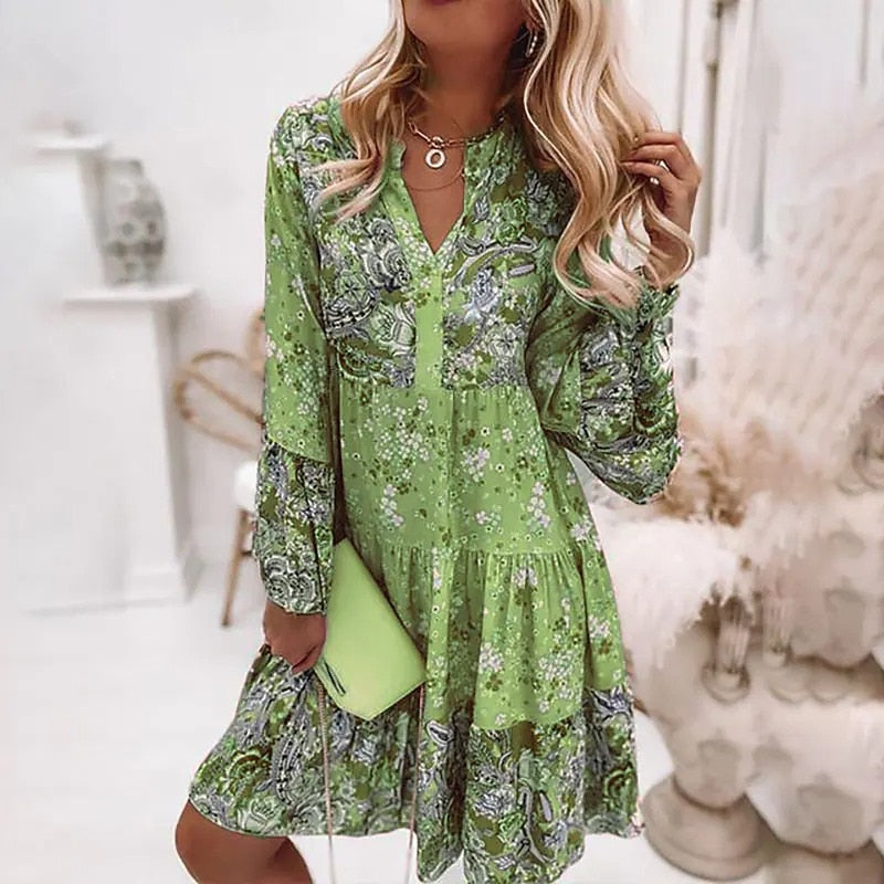 Spring summer v-neck floral short-sleeved dress