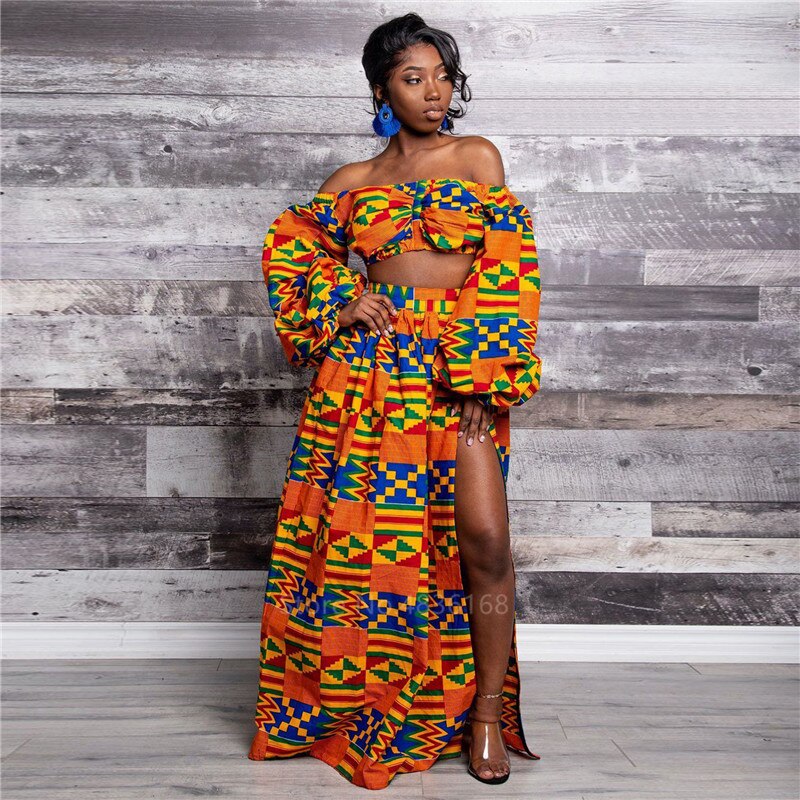 sixsr African Dresses for Women Autumn 2-piece Set Lady Full Sleeve Shoulder Off Festher Dashiki Print Split Skirts Africna Clothes