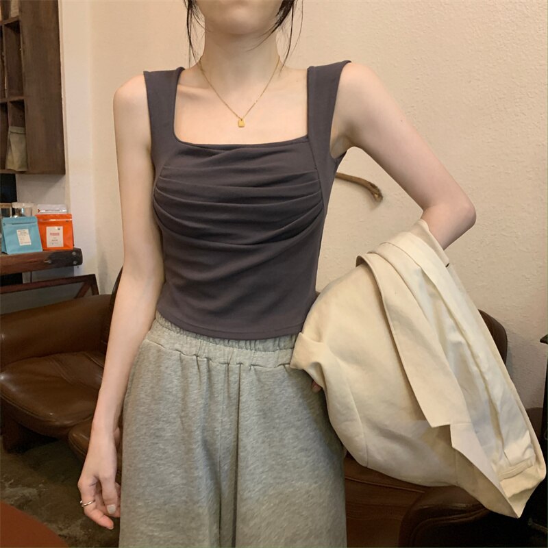 Solid Tank Top for Women Summer New Korean Fashion Sleeveless Square Collar Slim Crop Top Chic Casual Y2k Tanks