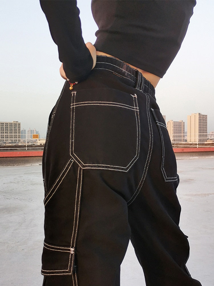 Sixsr Womens Fashion Trends Pockets Patchwork Baggy Jeans Fashion Streetwear 100% Cotton Women Denim Trouser Loose Cargo Pants Korean Jeans Harajuku