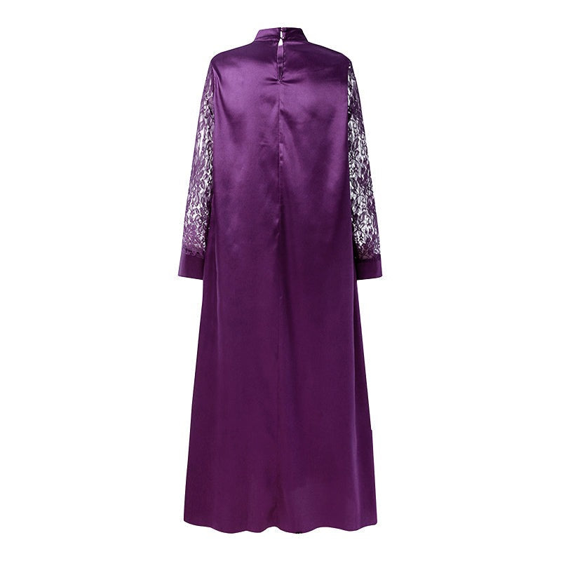 Summer Kaftan Party Dress Bohemian Women Long Sleeve Mock Neck Lace Patchwork Maxi Long Dress Robe Longues Oversized