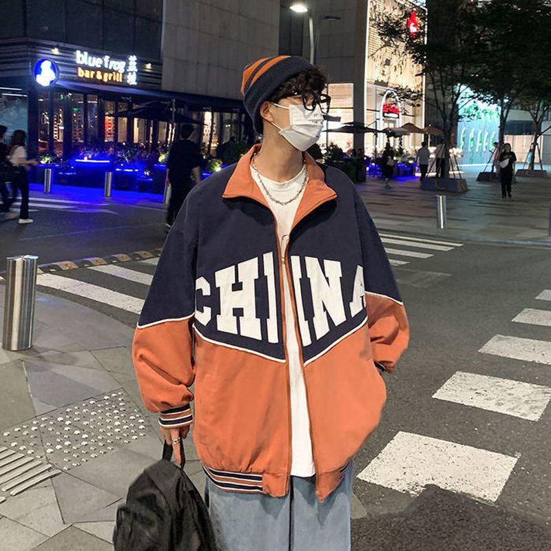 Letter retro baseball uniform jacket men's 2024SS Japan style loose contrast color casual stand collar varsity jacket unisex top