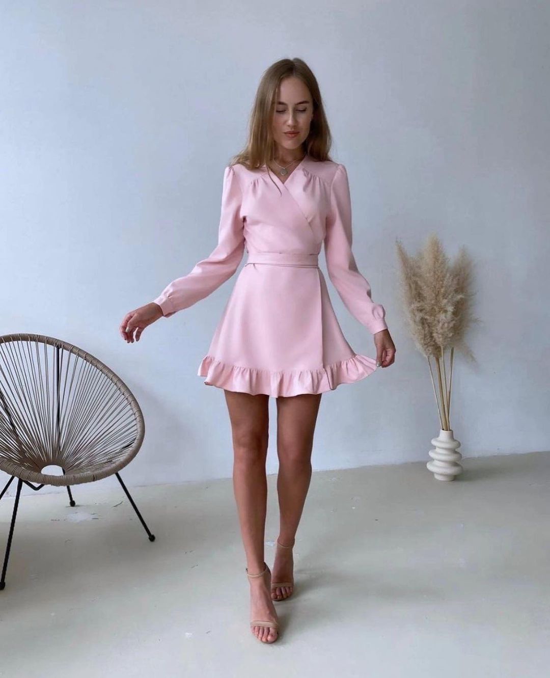 sixsr Casual Ruffle Mini Dress Ladies Elegant Long Sleeve V-Neck Party Dress New Fashion Solid Sweet Spring Dresses Women Clothes