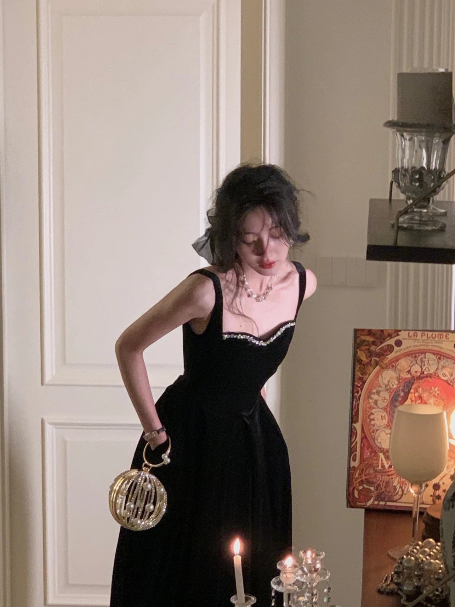 Summer New Elegant Spaghetti Strap Velvet Vintage Black Dress Women Sexy Prom Evening Party Fashion Clothing
