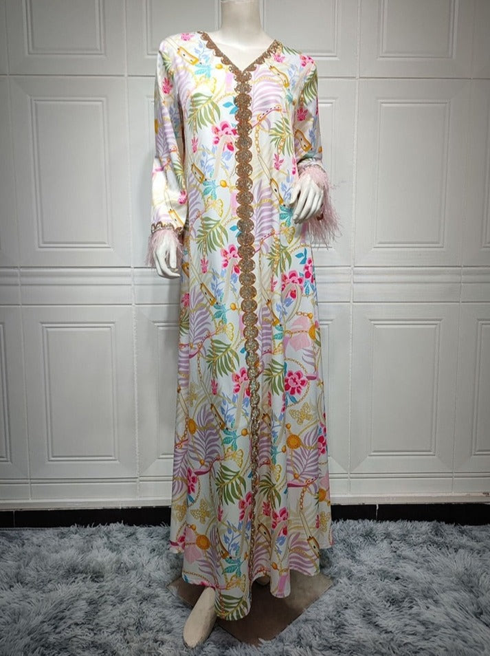 Muslim Woman Dress Moroccan Jalabiya Dubai Rhinestones Beaded V Neck Long Sleeve Feather Patchwork Print Gulf Abayas
