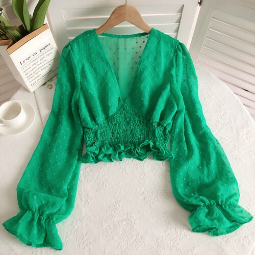 Sixsr Women Fashion Spring Women Sweet Spot Blouse Ladies Fashion Chiffon Pullover Shirt V-neck Slim Long Puff Sleeve Folds Tunic Short Top