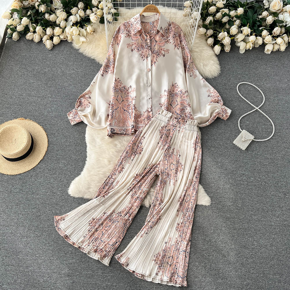 sixsr Women's Dress Spring Retro Print Casual Set Design Batwing Sleeve Single Breasted Blouse+High Waist Long Pants Two Piece Suits