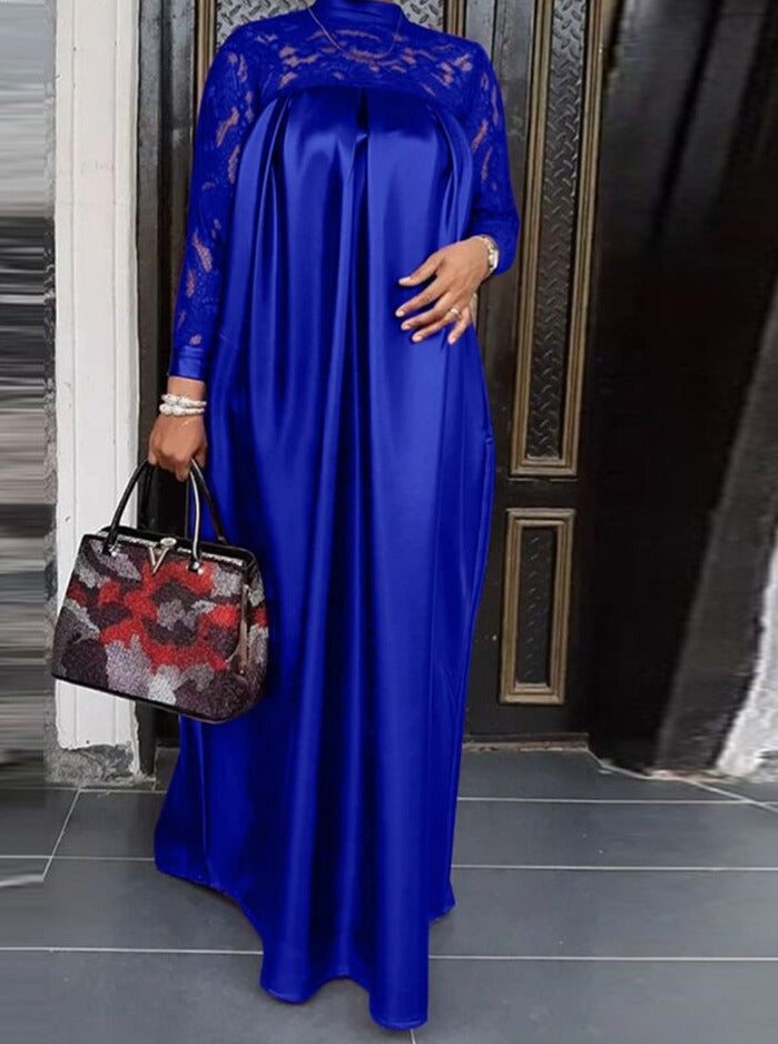 Summer Kaftan Party Dress Bohemian Women Long Sleeve Mock Neck Lace Patchwork Maxi Long Dress Robe Longues Oversized