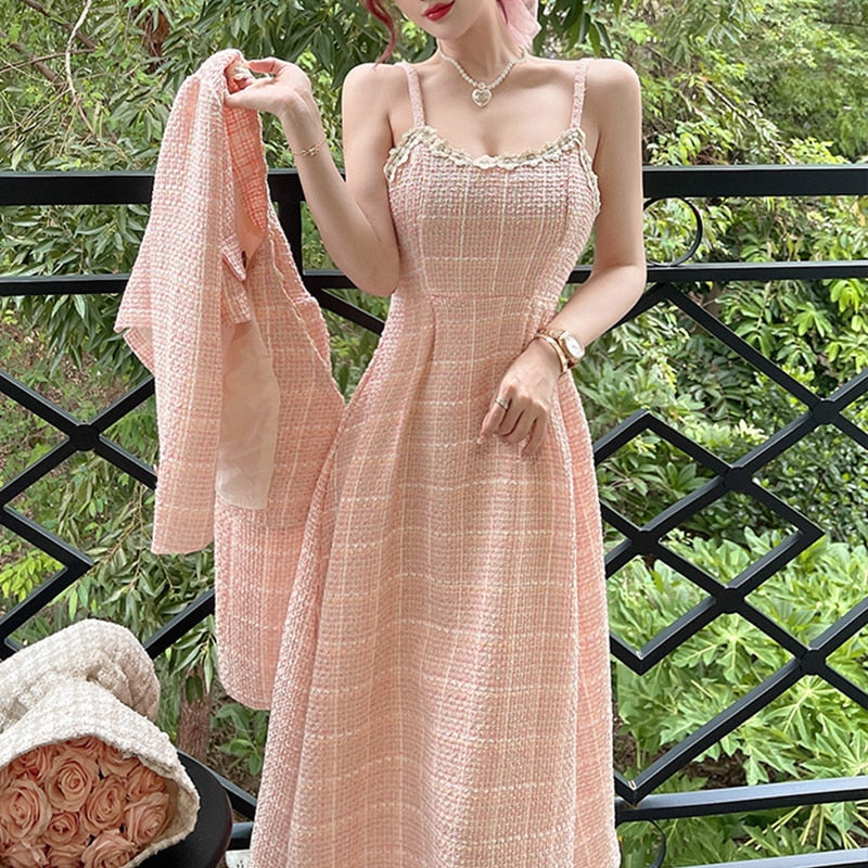 Pink Plaid Tweed Jacket + Strapped Dress Women Vintage Winter Elegant Party Woolen 2 Piece Sets Ladies Autumn Dress Sets
