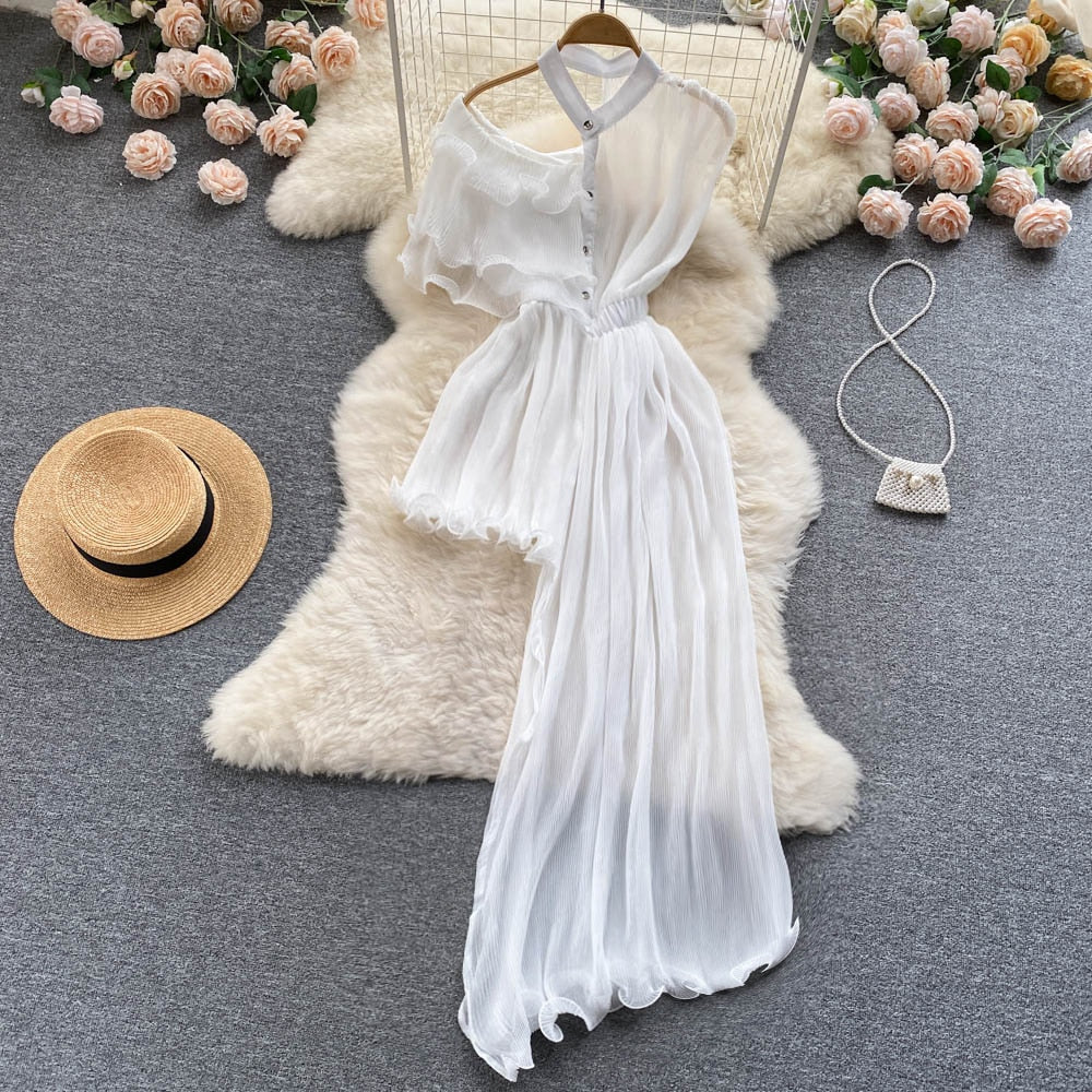 Summer Women Sexy Irregular Dress Elegant Female Ruffle Off Shoulder Slim High Waist Vestidos Green/White/Pink Robe New Fashion