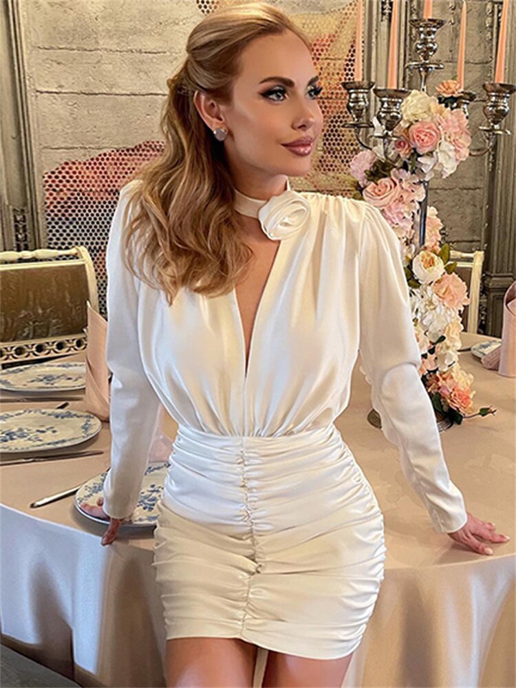 sixsr Womens Fall Fashion Satin Ruched Deep V Neck Long Sleeve Mini Bodycon Dress Women Autumn Winter Elegant Sexy Party Dresses