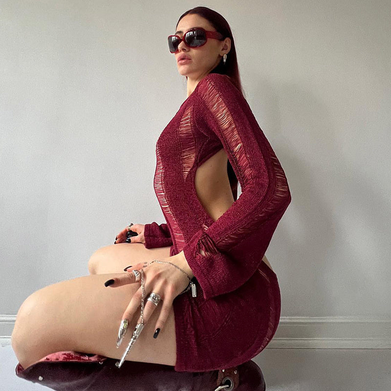 sixsr Fashion Trends Round Collar See Through Dress Women Sexy Long Sleeve Elegant Beachwear Hollow Out Backless Knitted Female Dress Summer