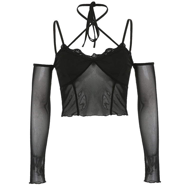 sixsr Hot Sell Slash Neck Sexy Black Mesh T-Shirts Women Lace Patchwork Rave Goth Clubwear Backless Halter Tie Up Spaghetti Strap Tops