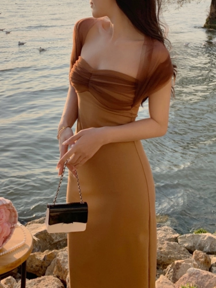 sixsr New YearsEve Dresses For Women Spring Summer Sexy Halter Mesh Patchwork Midi Dress Elegant Bodycon Slim Party Vestidos Female Fashion Vintage Clothes