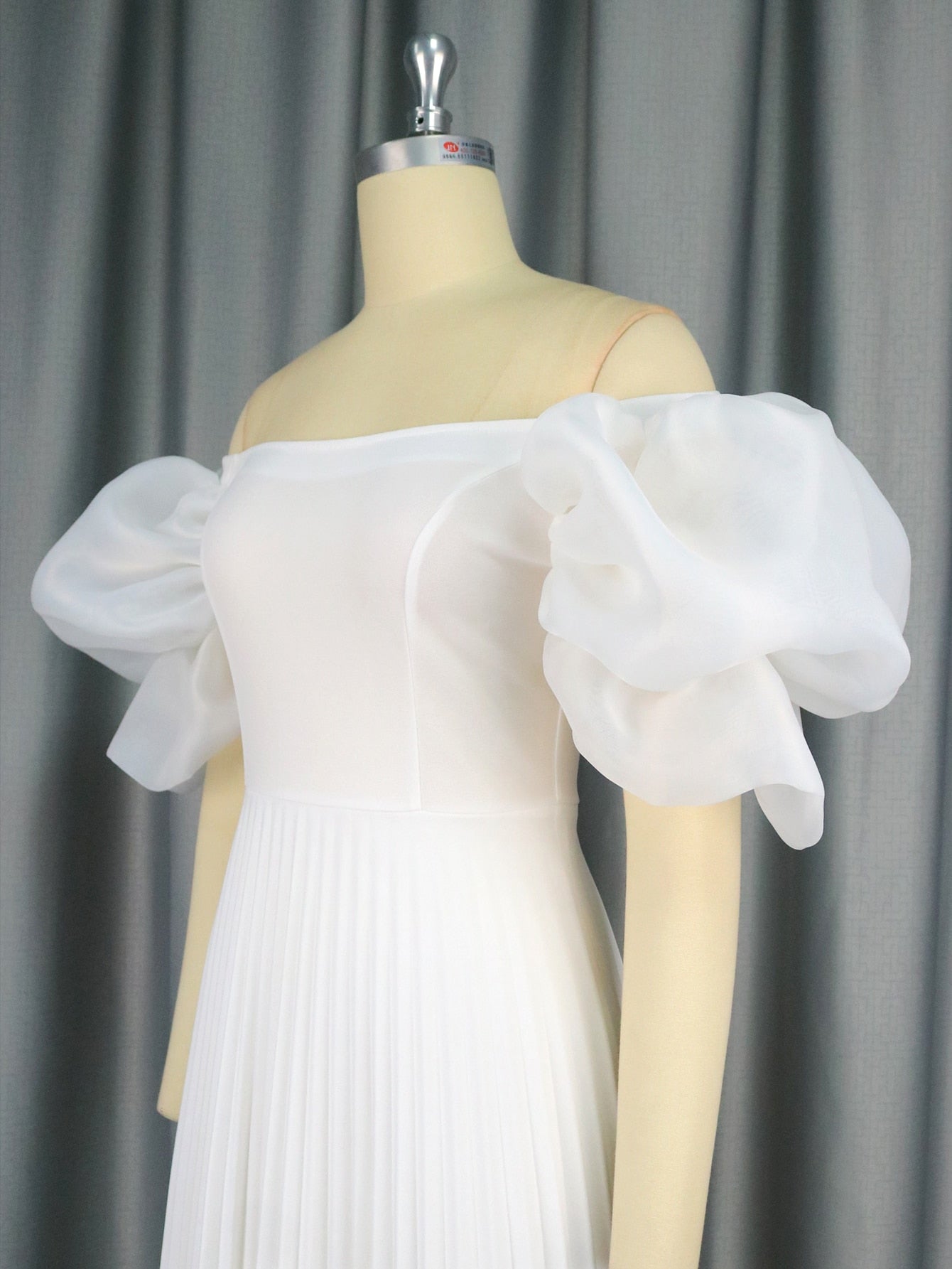 Women Elegant White Pleated Dresses Midi Off Shoulder Puff Sleeve A Line Cocktail Party Swing Dress Prom Summer Big Size