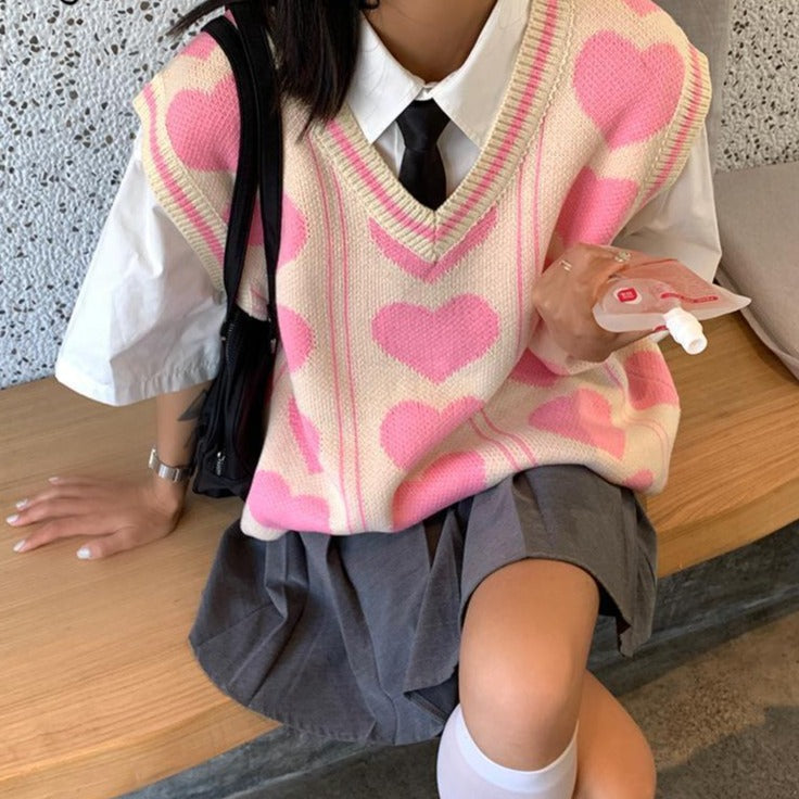 Korean Vintage Sweater Loose V-neck Knit Pullover Vest Y2k Oversized Tank Top Love Print Sweaters Fall Fashion Cardigan