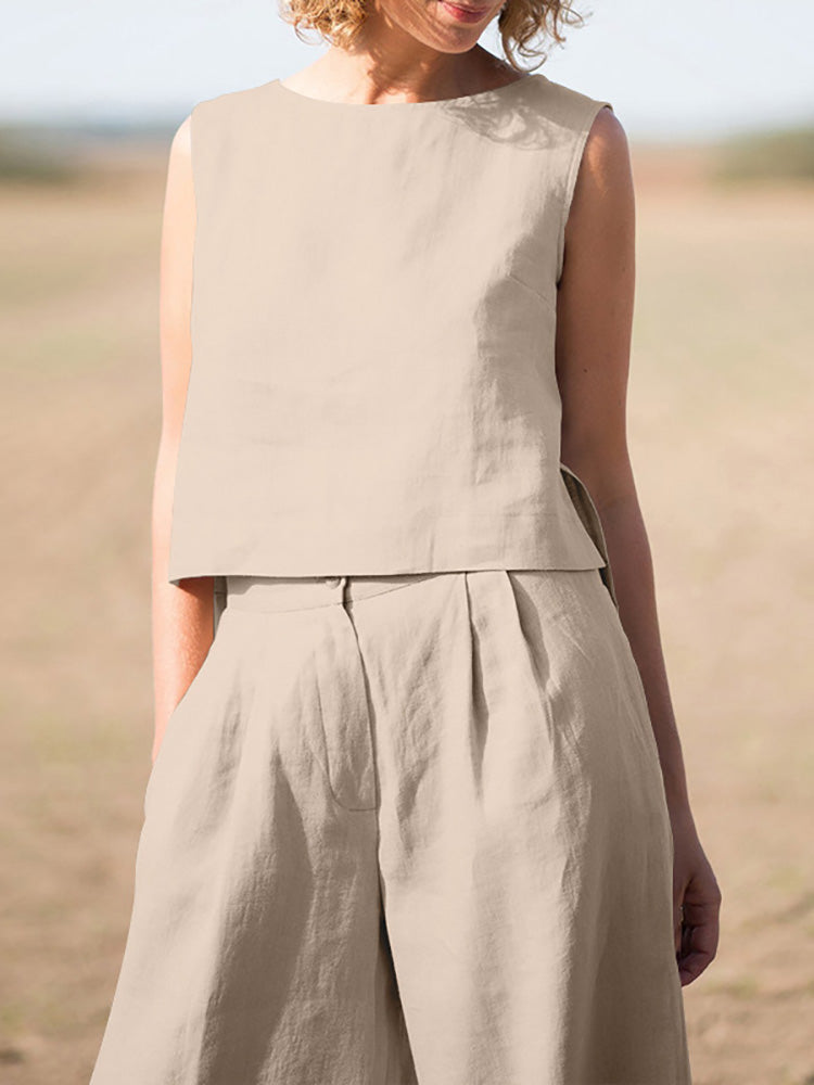 sixsr Summer Outfits Casual Summer Women Set Vintage Sleeveless Blouse O-Neck Top + Straight Wide Leg Pants Suit Two Piece Solid Color Sets