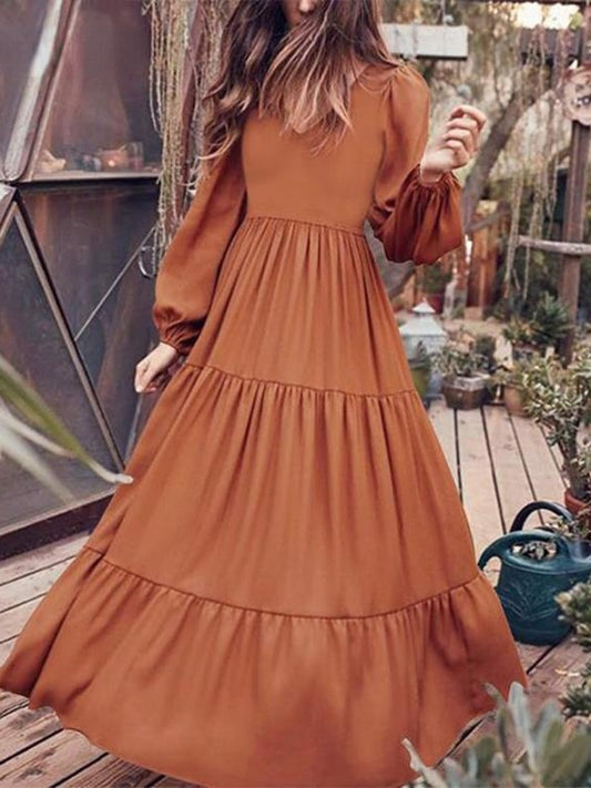 V Neck Long Sleeve Patchwork Solid Color Dress