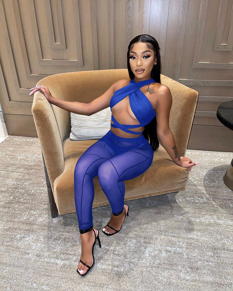 sixsr Womens Fashion 3 Pieces Set Bandage Lace Up Halter Crop Top Sheer Mesh Pants set Party Night Club Outfits Streetwear See Through Cloth