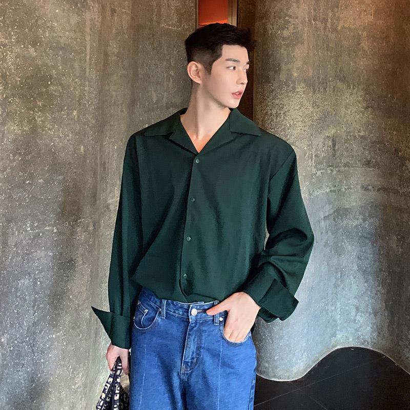 Sixsr New Ice Silk Drape Cuban Collar Shirt for Men Solid Color Long Sleeve Korean Fashion Senior Casual Loose Button Up White Shirt